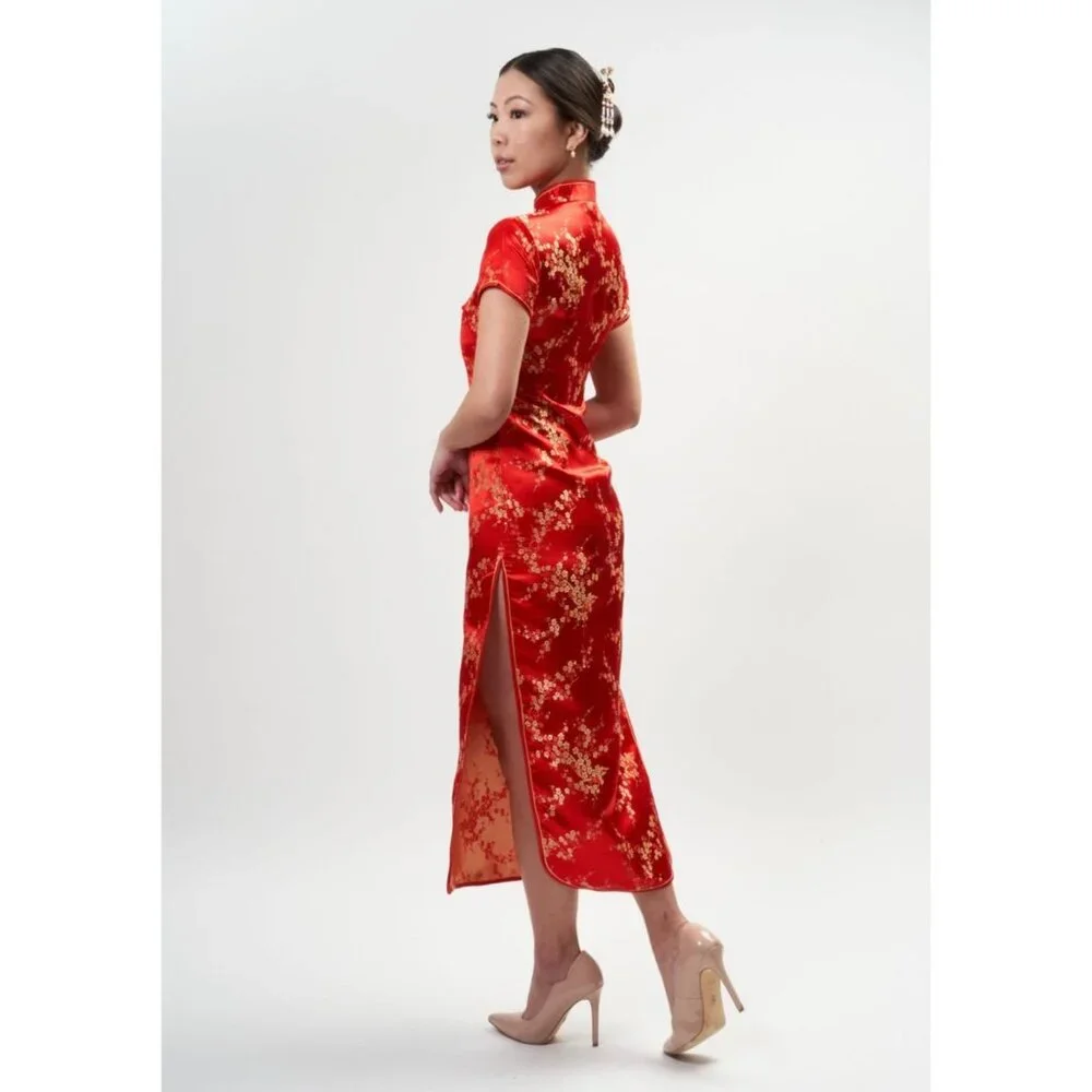 Vintage Y2K 90s DiYuange Red Satin Gold Floral Embroidered Cheongsam Qipao Dress - Picture 6 of 16